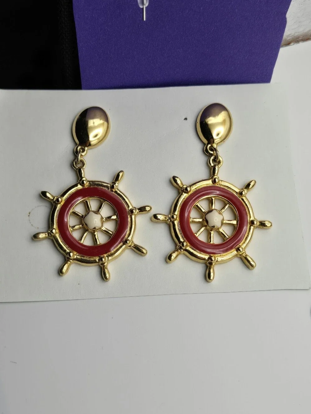 Avon Gold & Red Nautical Ship Wheel Earrings Vintage Style